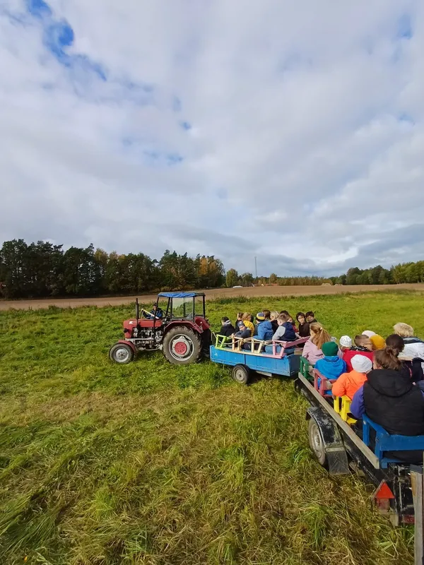 Traktor z przyczepami pełnymi uczestników wycieczki na łące